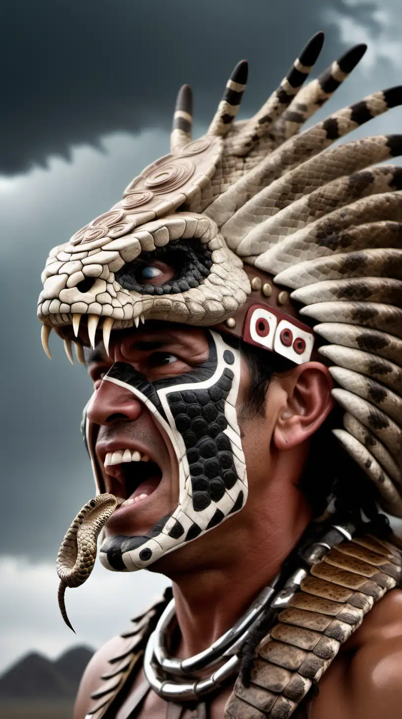 ROSTRO COMPLETAMENTE DE PERFIL DE HOMBRE AZTECA DE 35 CON LA CARA DE SERPIENTE CASCABEL, OJOS CLAROS, APUESTO Y ATLETICO, CABEZA DE SERPIENTE CASCABEL GRANDE COMO TOCADO, GRITANDO FURIOSO, RABIOSO EN MEDIO DE UNA TORMENTA Y CIELO GRIS