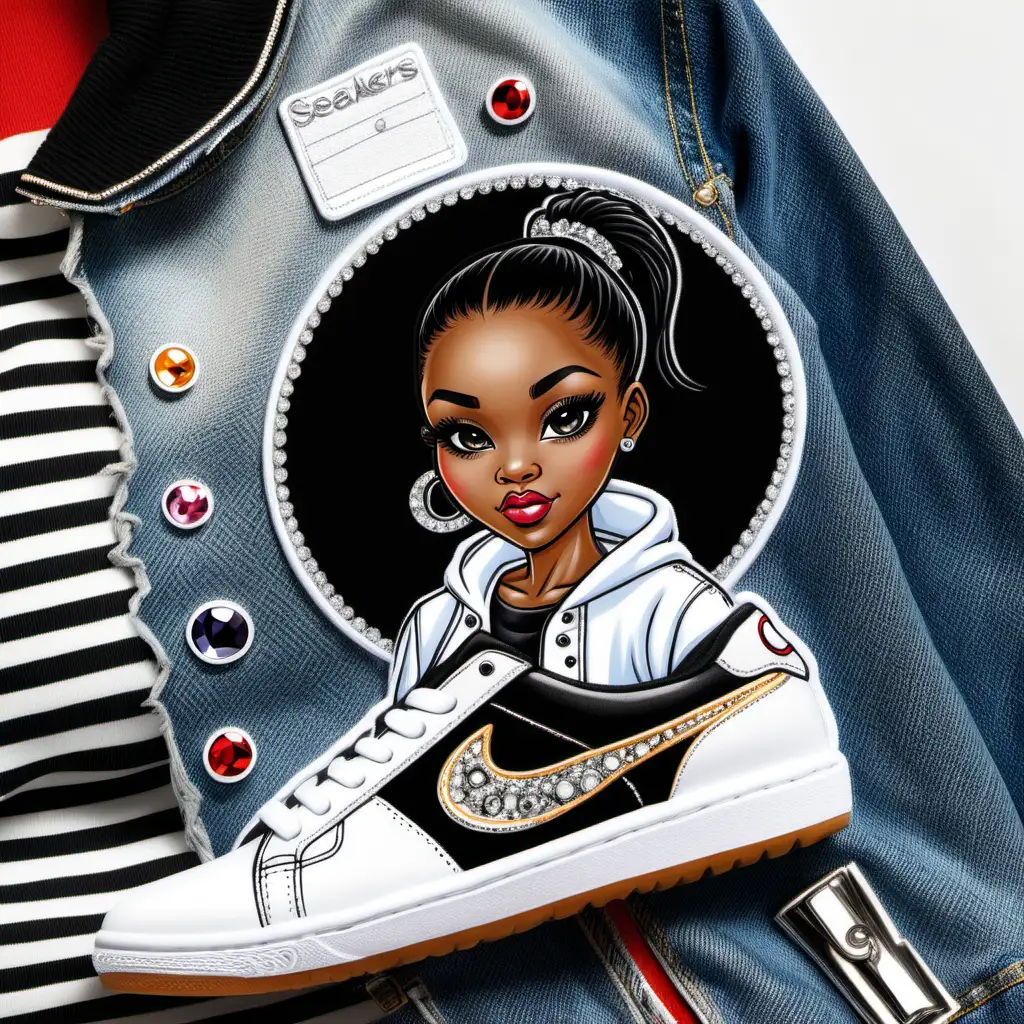 white seakers with a circle patch with a picture of a african american girl with a blakc ponytail jean, jean, rhinestones on the sneakers jacket, 