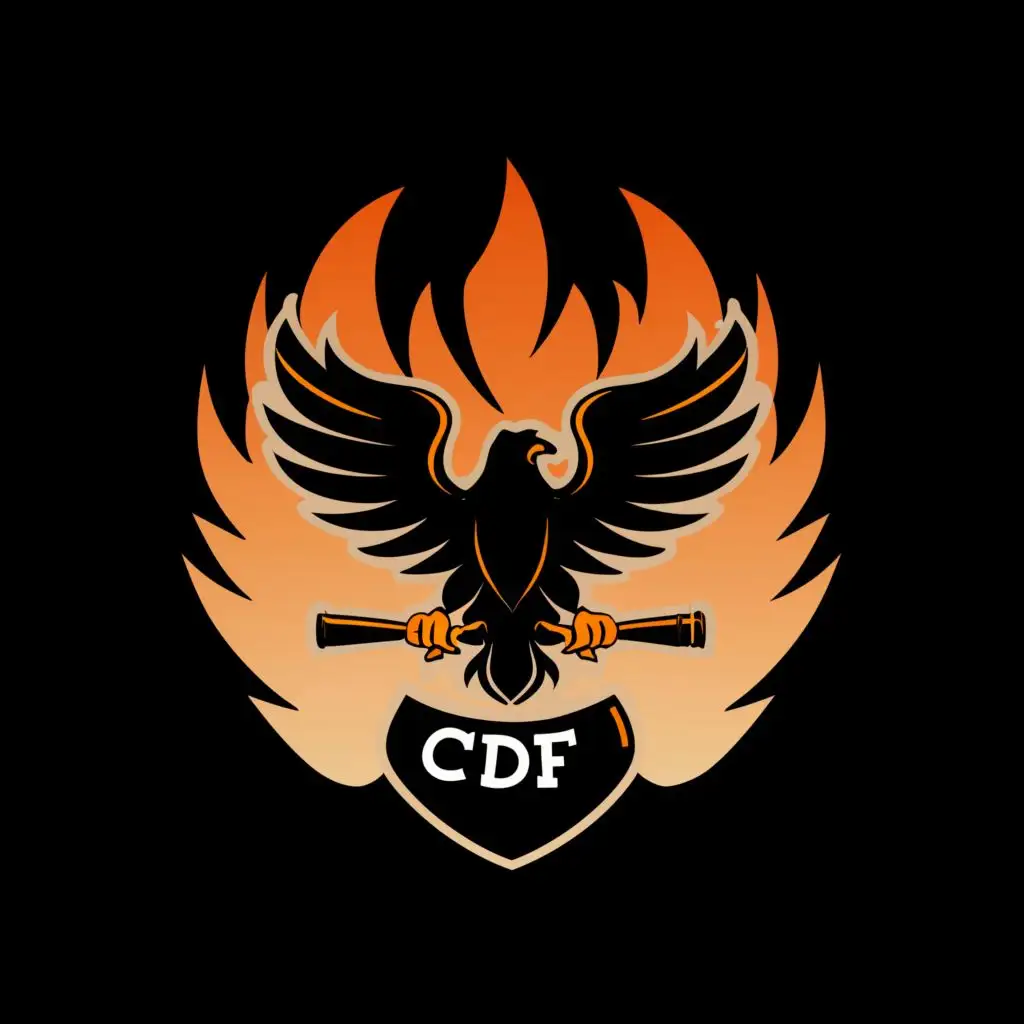 logo, Black eagle symbol fire background , with the text "Crazy delightful
Cdf
", typography, be used in Legal industry