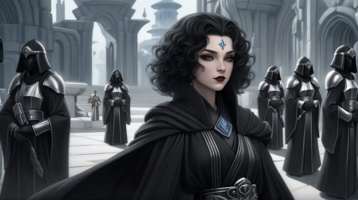 Dreaming city, beautiful, royal attire black curly hair, pale skin, grey eyes, dreaming city, black and grey, jedi robes, female, black make up, black mascara and lipstick, royal guards protecting her, proper look on her face, robes, wideshot