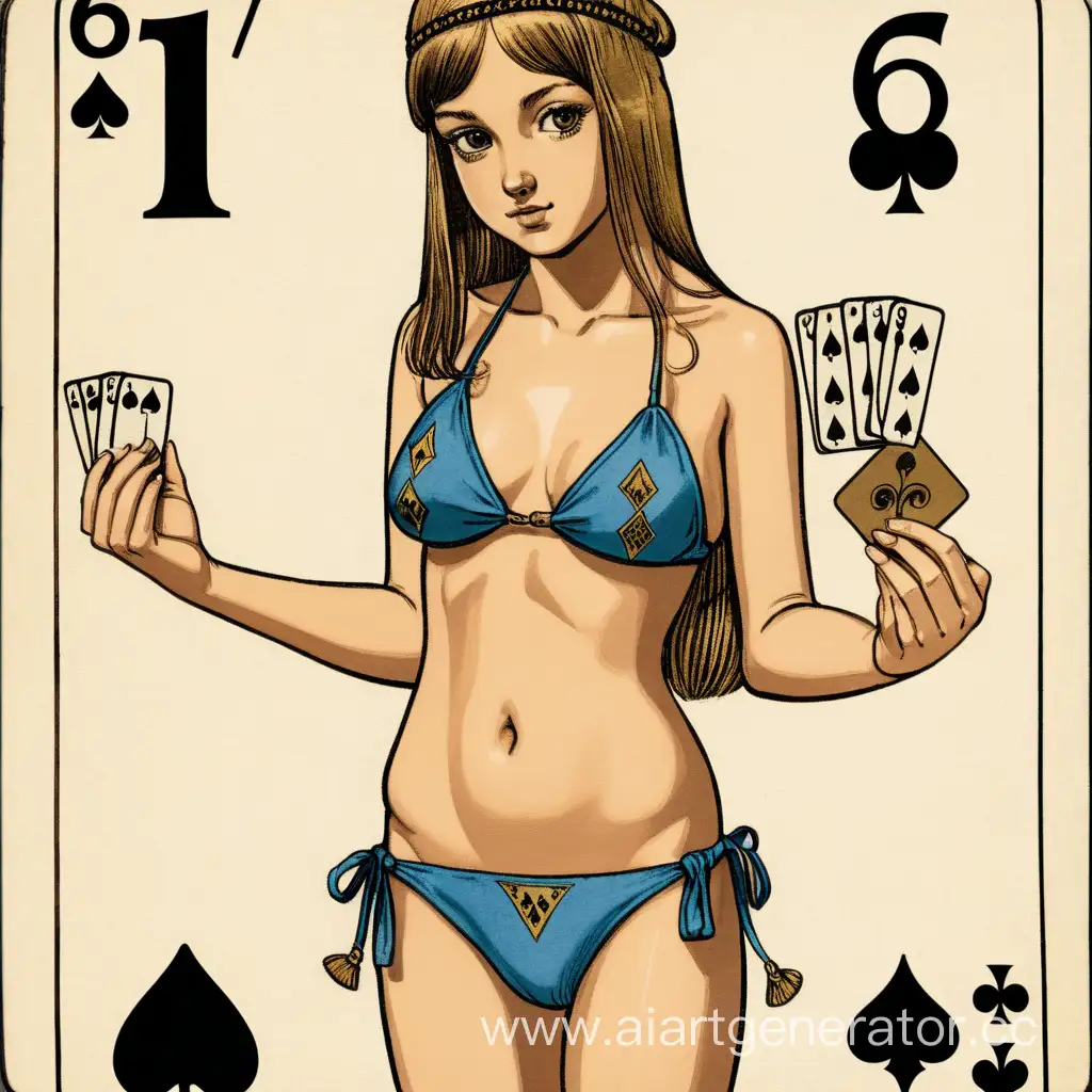 Девушка подросток в бикини держит карту 6 пик.
Цифра 6 по середине.
Средневековье