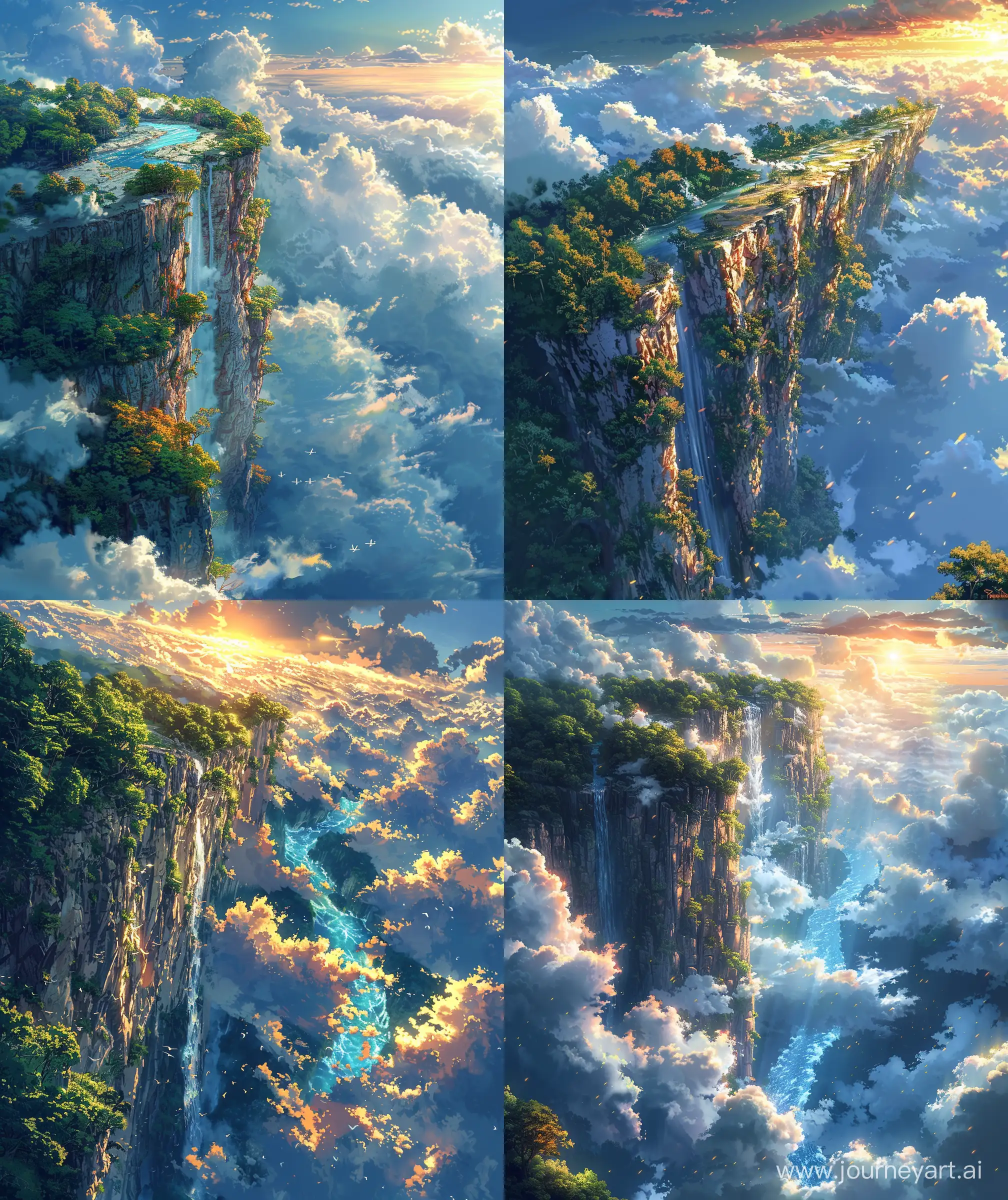 Beautiful anime scenary, Ghibli style, Cliff edge above the clouds, rainforest, beautiful view, river flowing down, blue color river, mesmerizing view, illustration, sunlight through clouds, "golden and white mix clouds color, anime style, ultra HD, high quality, sharp details, no hyperrealistic --ar 27:32 --s 400