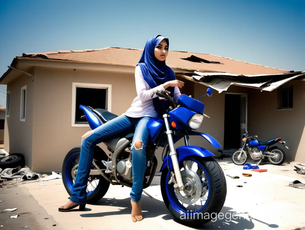 2 pretty women wearing full hijab on a motorcycle crashed into the roof of a house and the front motorcycle tire got stuck on the roof of the house, helped by a handsome young man in a blue T-shirt and jeans. // DLSR Leica 50 mm // Ultra wide angle // HD 8K //