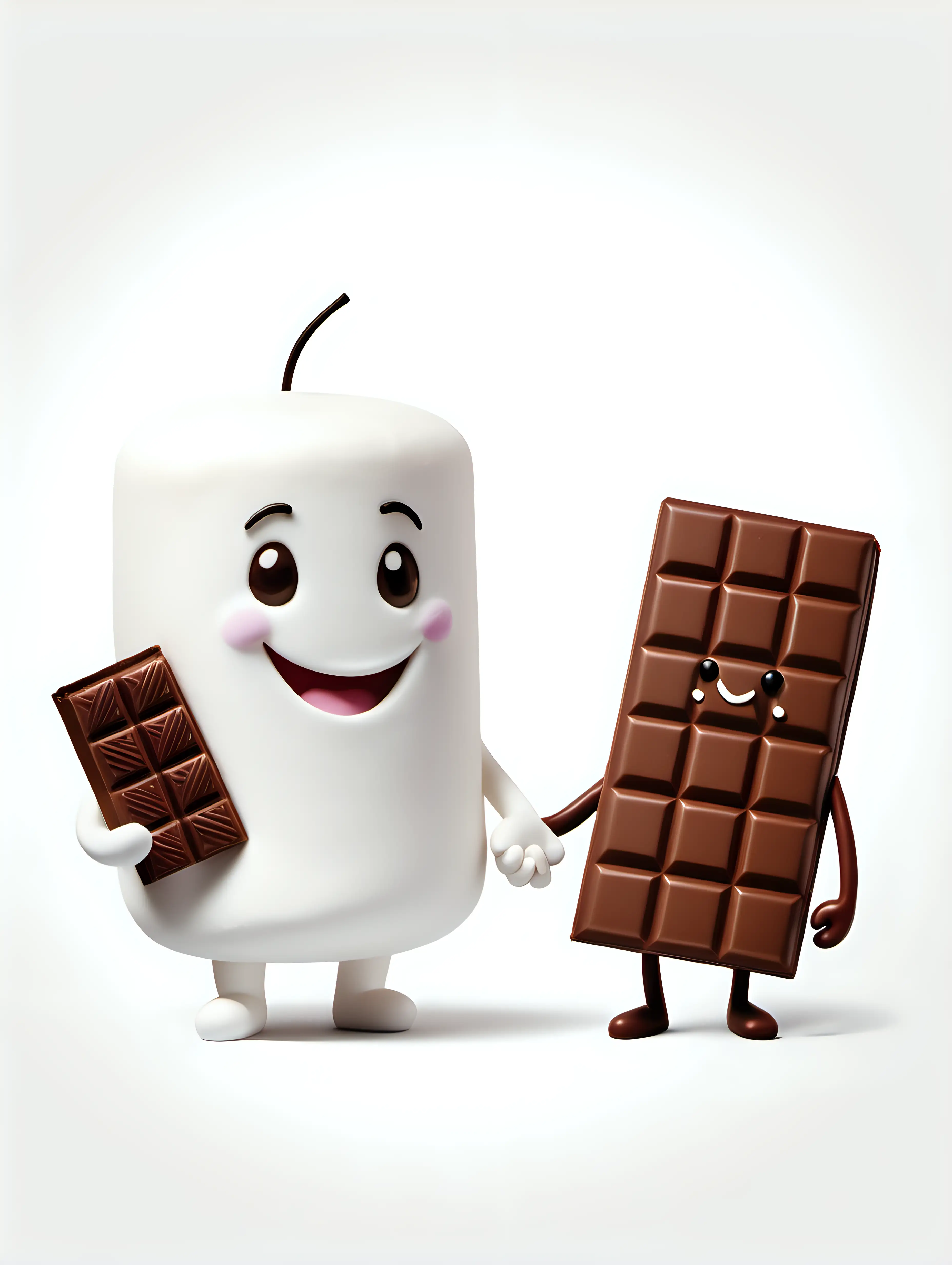 create an illustration of two characters, a marshmallow character and a bar of chocolate character, holding hands, smiling, white background
