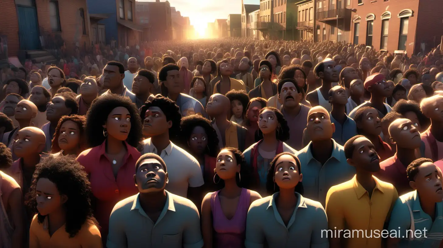 create an image of a large crowd of Hispanic, Native American, Jamacian, Haitian,  and African -American  men, women, and children young and old in the ghetto, grieving and crying looking up to the sky. illumination, Disney- Pixar style illustration 3-D Animation, 4k