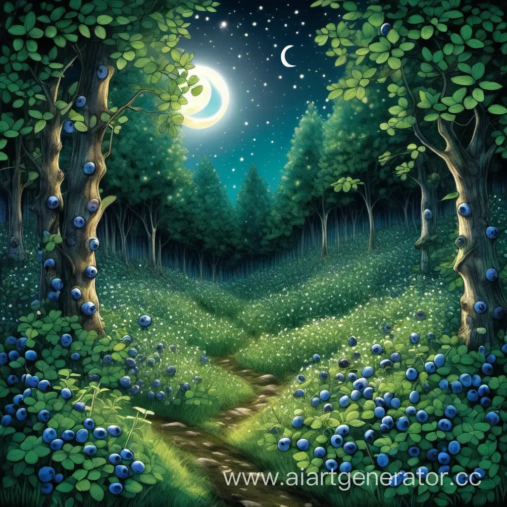Enchanting-Night-in-the-Magical-Forest-with-Blueberries-and-Clover-under-the-Moonlight