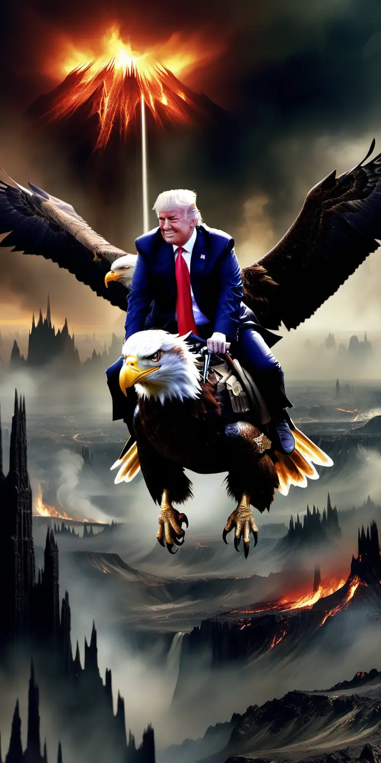 Donald Trump riding an eagle to mordor