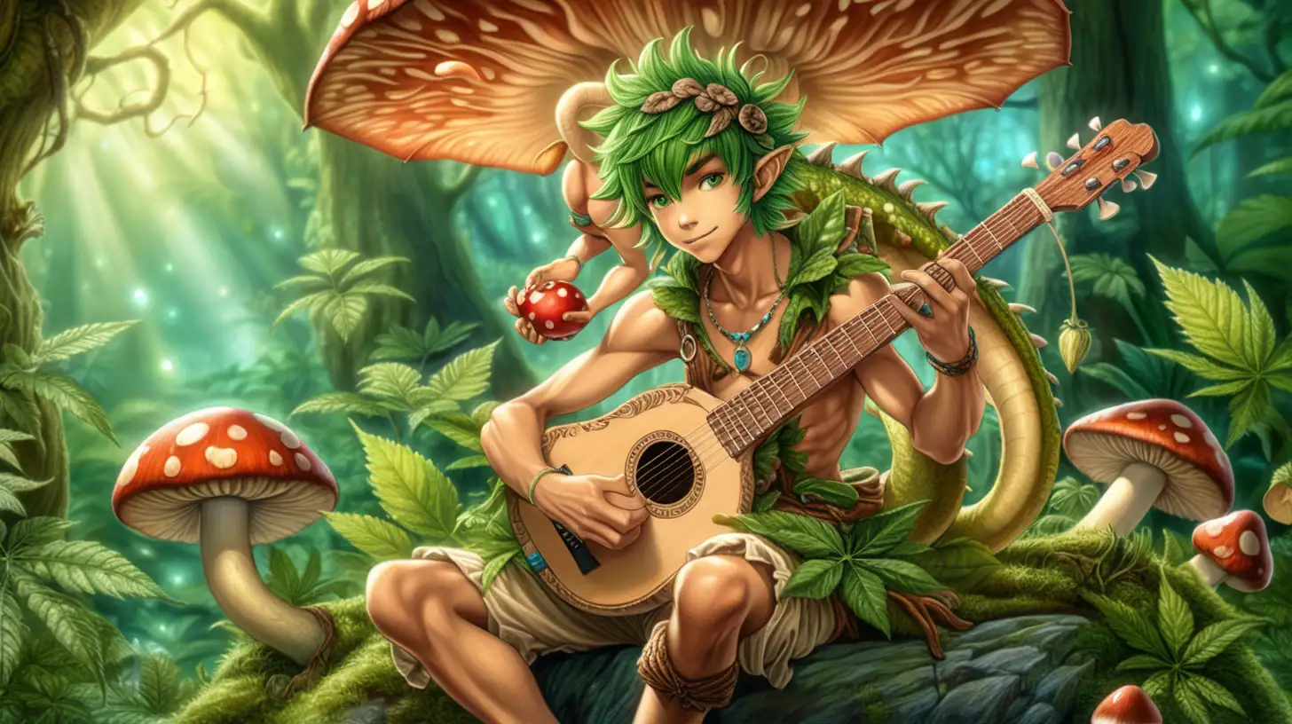 high resolution,ultra-detailed,anime, fantasy art, performance, a sexy anthropomorphic dragon boy in a foilage loincloth sits on a mushroom cap playing fantasy lute for fantasy creatures and wildlife, cute, enchanted forest, cannabis, mushrooms, captivating, fantasy lighting, joyful atmospere