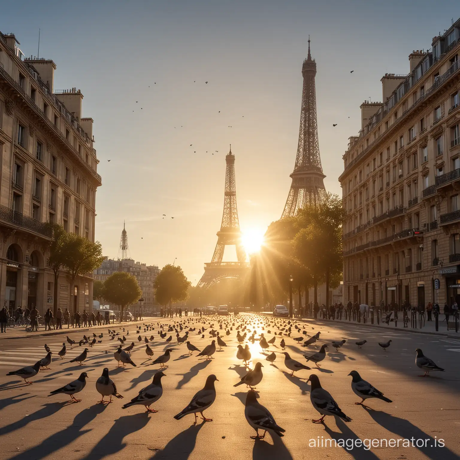 Hyper realistic, distorsion effect  the light  of the sun rises from behind the menare effifel building in paris, the shadow of the tower on the street, in front of the tower on the street  many pigeons fly and perch on the seed, people s