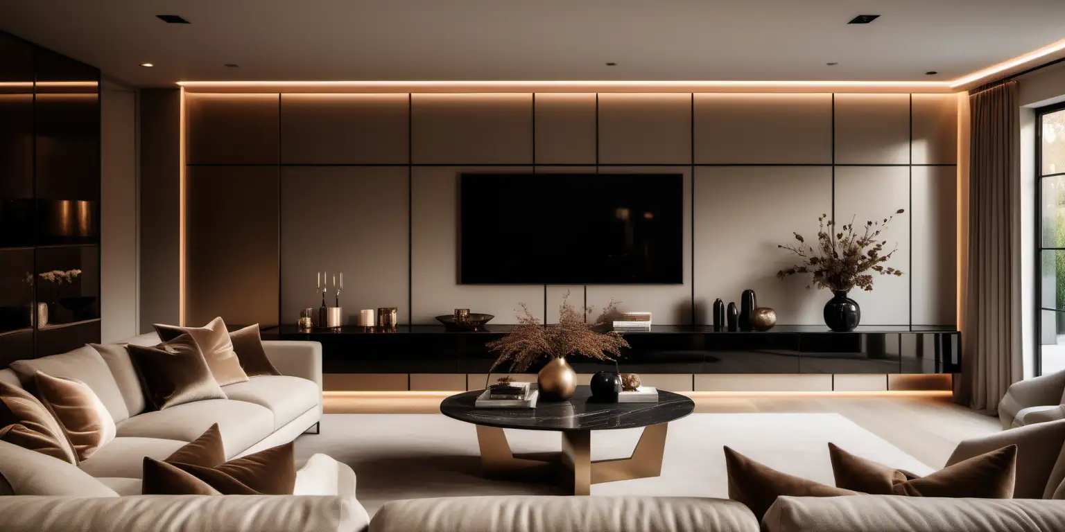 Editorial style photograph of a modern luxury living room and dining room, neutral furniture, with a built in tv media wall, black and bronze accents in a house in london,  morning glow, ultra realistic photo in 8k