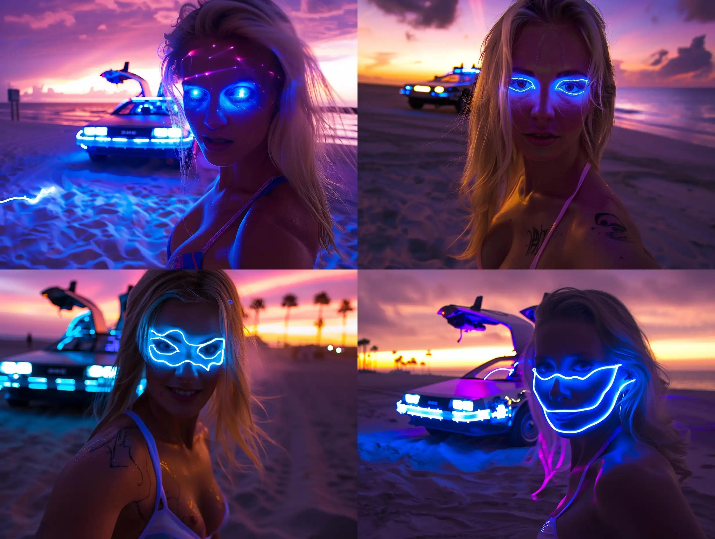 Blonde in bikini in foreground close to camera with face lit up, with Back to the future delorean in background on Beach at sunset. Lit up, scifi, futuristic, vivid blue lightning, purple sky, smoky, fire trails, artistic, bright, masterpiece, stunning,