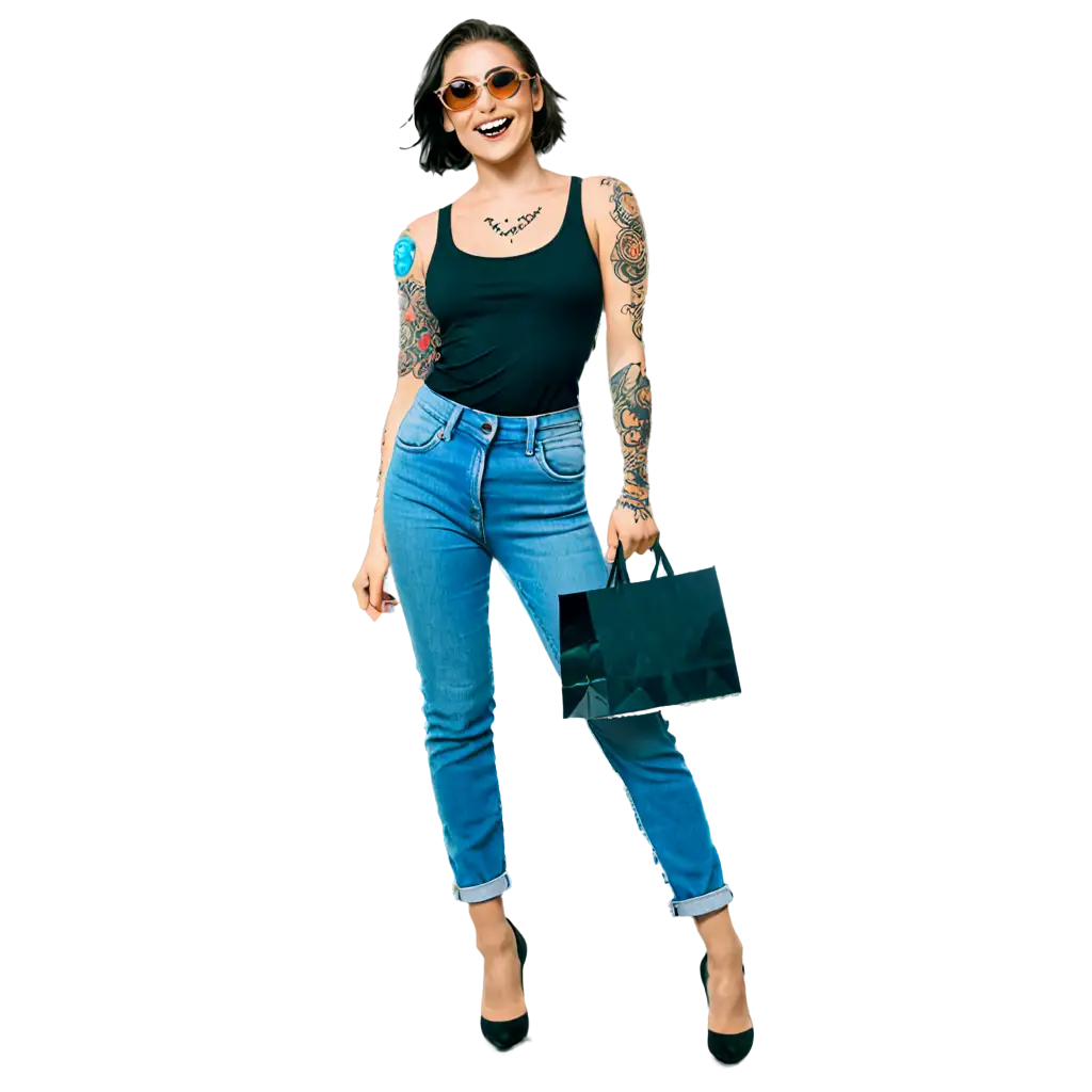 A young lady in a retro-style attire, sporting a smile, adorned with tattoos, showcasing her jeans with a tongue protruding out, adorning a black singlet shirt with a design, adorning sunglasses, and carrying a shopping bag.
