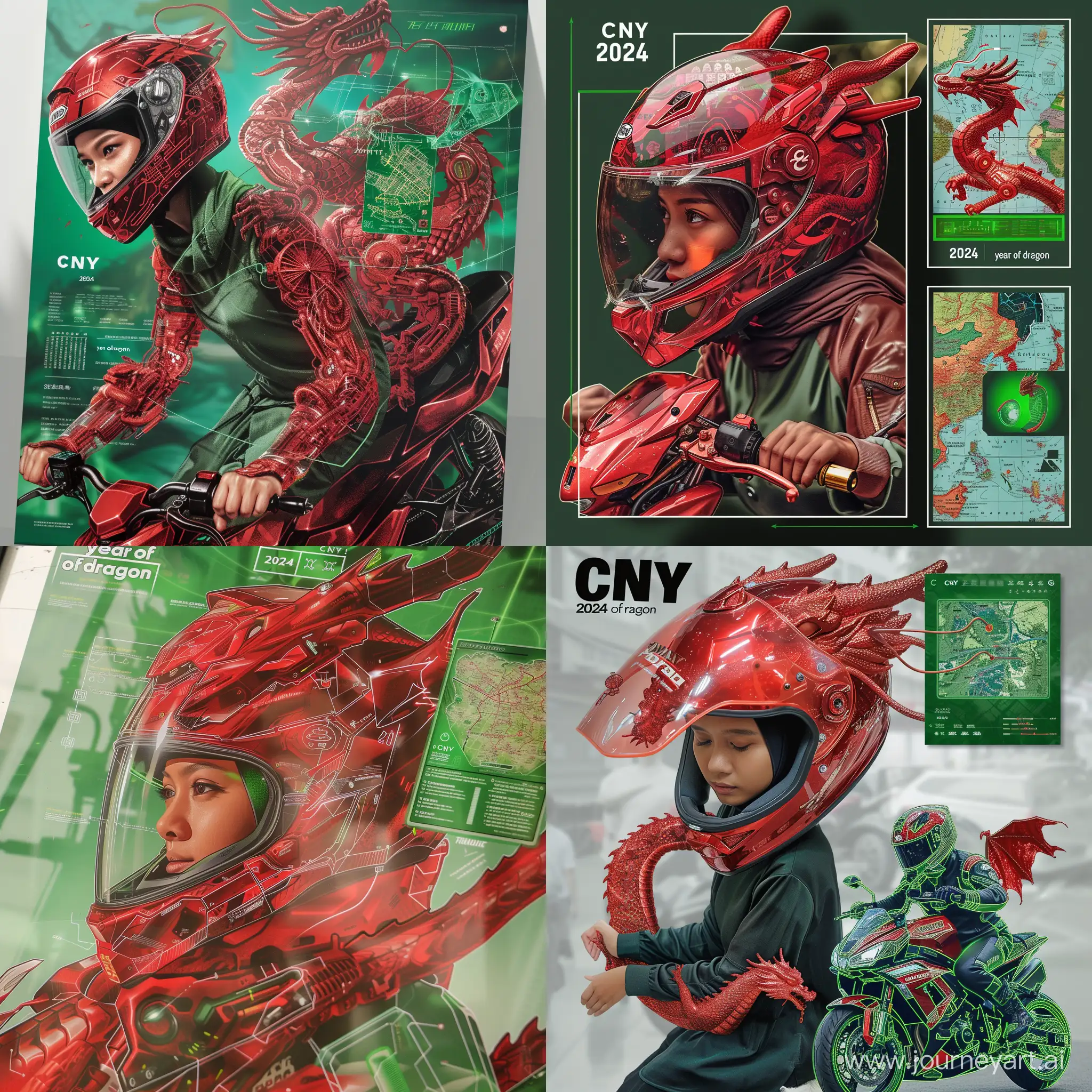 Stunning-Muslimah-in-Translucent-Red-Dragon-Helmet-Riding-Robotik-Motorbike-CNY-2024-Poster