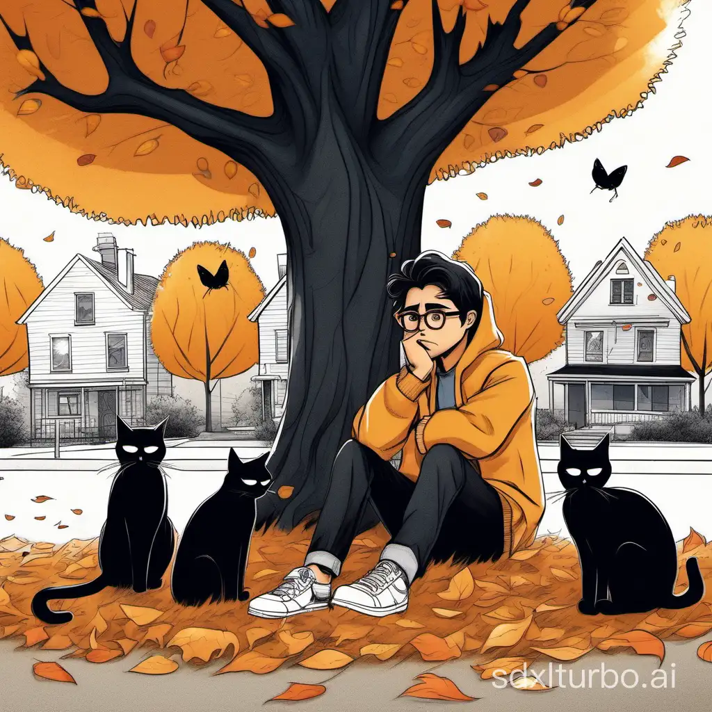 Young-Mexican-Man-with-Glasses-Contemplates-Heartbreak-under-Autumn-Tree