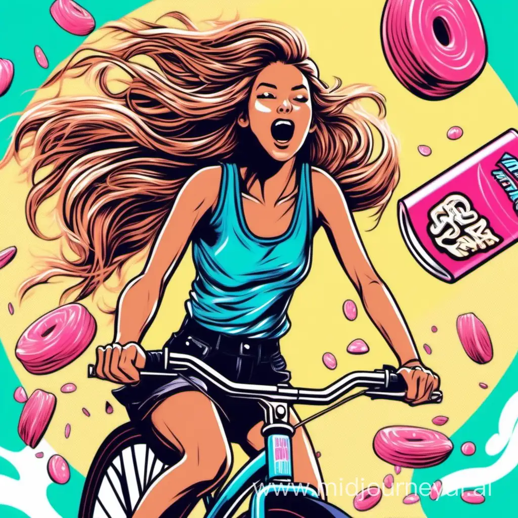 Create a girl riding a bike while popping gum, wind blowing in her hair, make y2k styled coming towards the screen

