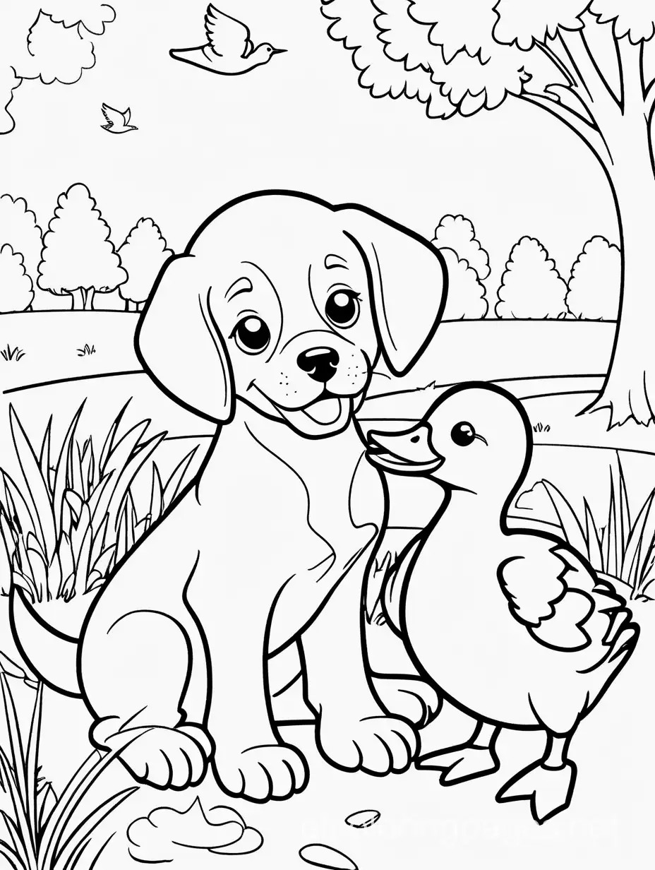 Cute puppy playing with duckling in park, Coloring Page, black and white, line art, white background, Simplicity, Ample White Space. The background of the coloring page is plain white to make it easy for young children to color within the lines. The outlines of all the subjects are easy to distinguish, making it simple for kids to color without too much difficulty
