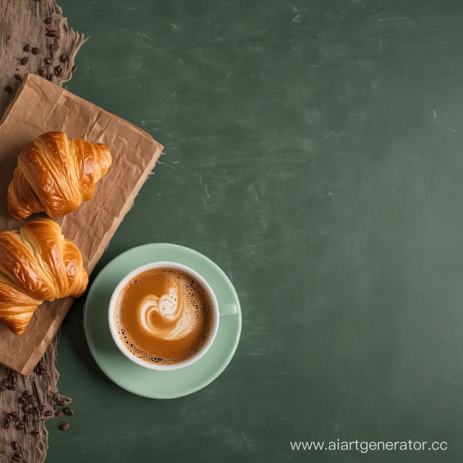 Top-View-of-Coffee-Cup-and-Croissant-on-Green-Table