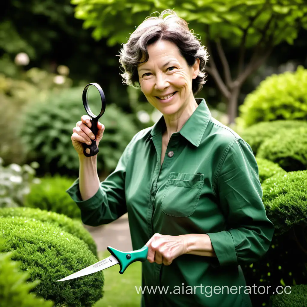 Садовый терапевт улыбающаяся добрая   женщина сорока лет в правой руке лупа как у Шерлока Холмса в правой руке садовая пила silky tsurugi на фоне зеленого сада