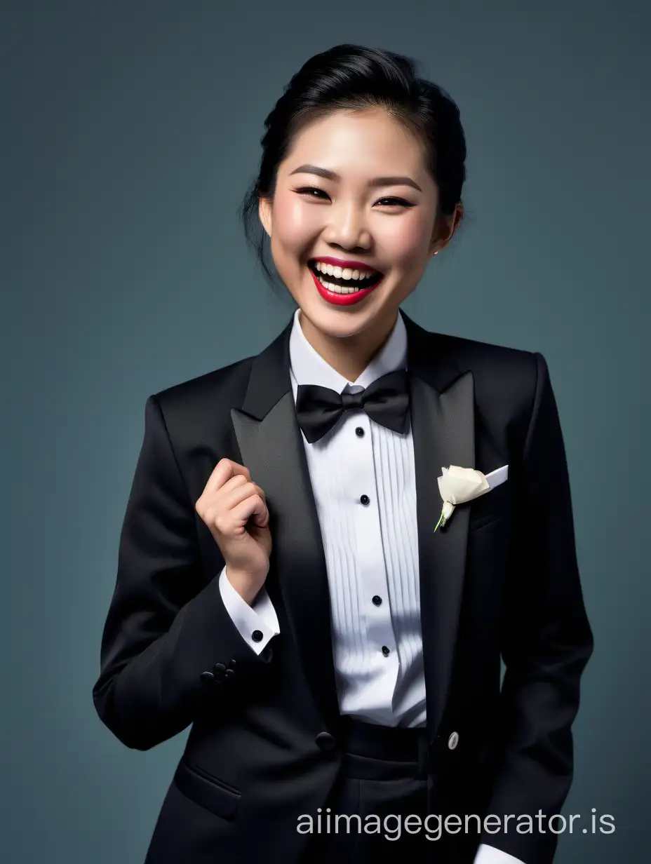 Smiling and laughing Asian woman wearing a tuxedo. Her jacket is open. She has cufflinks. She is wearing lipstick.