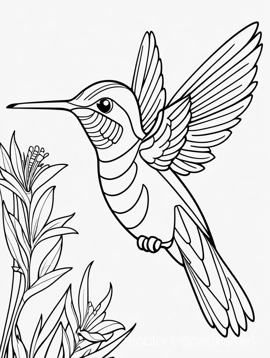 A cute humming bird, Coloring Page, black and white, line art, white background, Simplicity, Ample White Space. The background of the coloring page is plain white to make it easy for young children to color within the lines. The outlines of all the subjects are easy to distinguish, making it simple for kids to color without too much difficulty