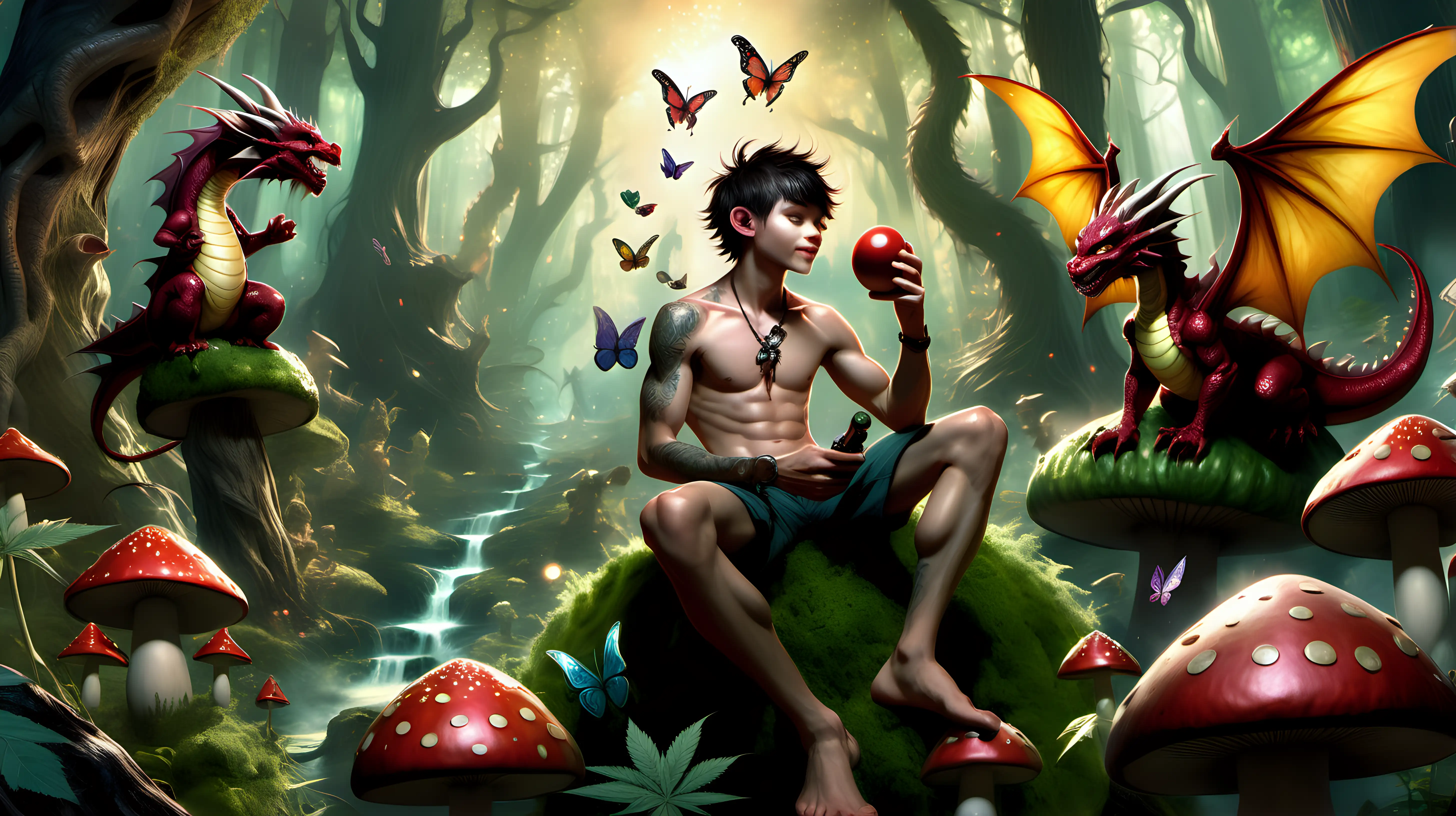 Dragon Boy Relaxing in Cannabis Forest with Pixies and Dragon Egg
