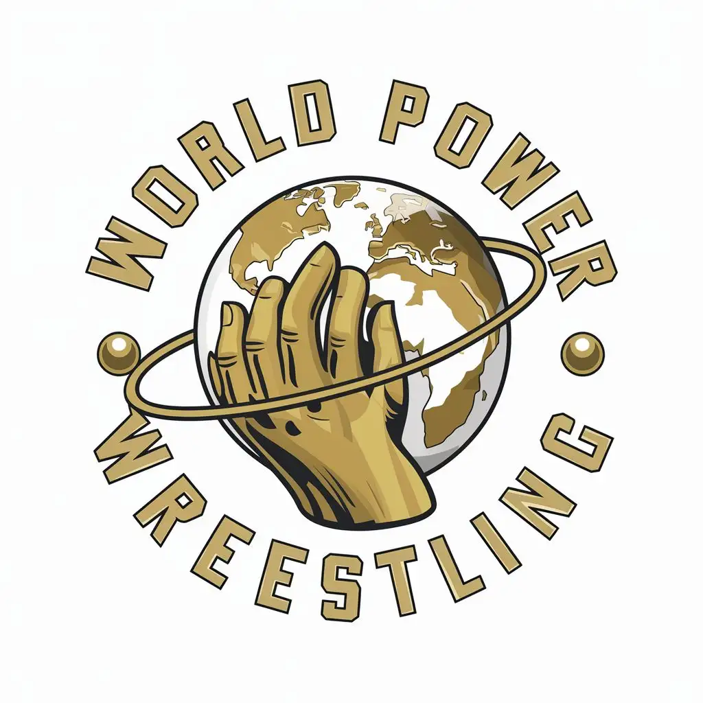 logo, logo, a gold hand clutching a white and gold earth. The Cold has a Think Ring around it with several orbs orbiting it. The back round is white the text should be gold., with the text "World Power Wrestling", typography