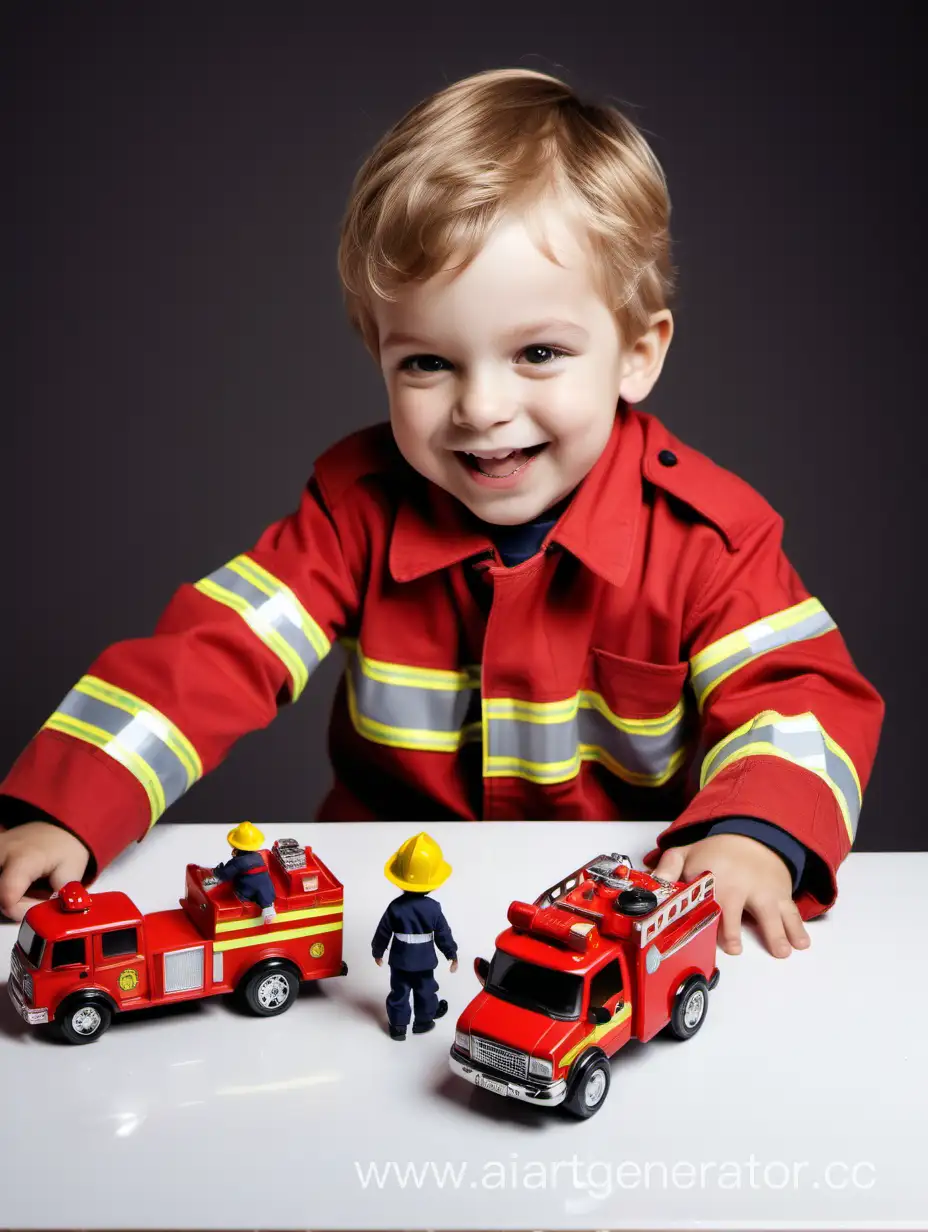 happy little boy in a fireman's uniform playing with cars at the table