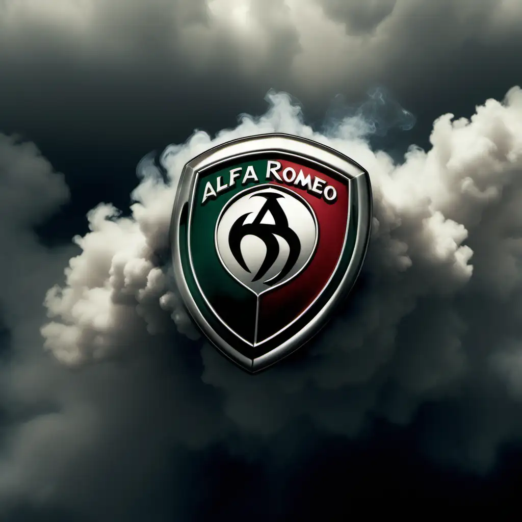 Tapeta na ekran komputera znaczek Alfa Romeo ,w pochmurny dzień ,na zdieciu ma być dym i ogień zdiecie ma mieć ostre kolory ia być ultra realne 