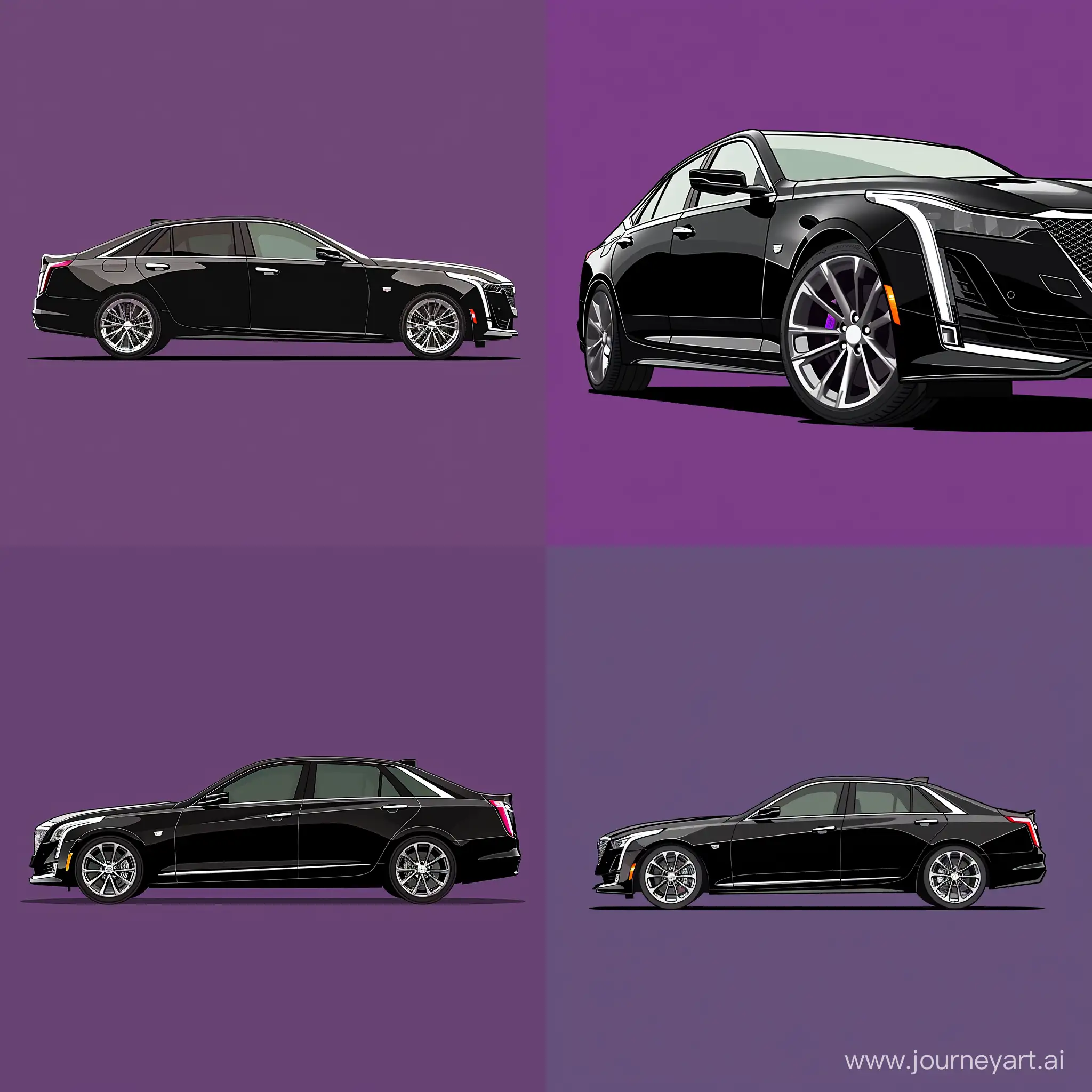 Minimalism 2D Car 2/3 View Illustration: Cadillac CT5: Black Body Color, Silver Rims - Simple Bold Purple Background - Adobe Illustrator Software, High Precision