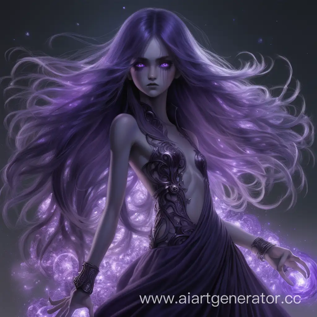 Девушка; среднего телосложения; выглядит как тёмно-фиолетовая тень, но всё ещё выглядит как женщина; фиолетовые глаза; одежды нет, на ней кристальная тьма, покрывающая её тело; длинные распушенные волосы; на левой руки находится большая,призрачная энергетическая пушка;