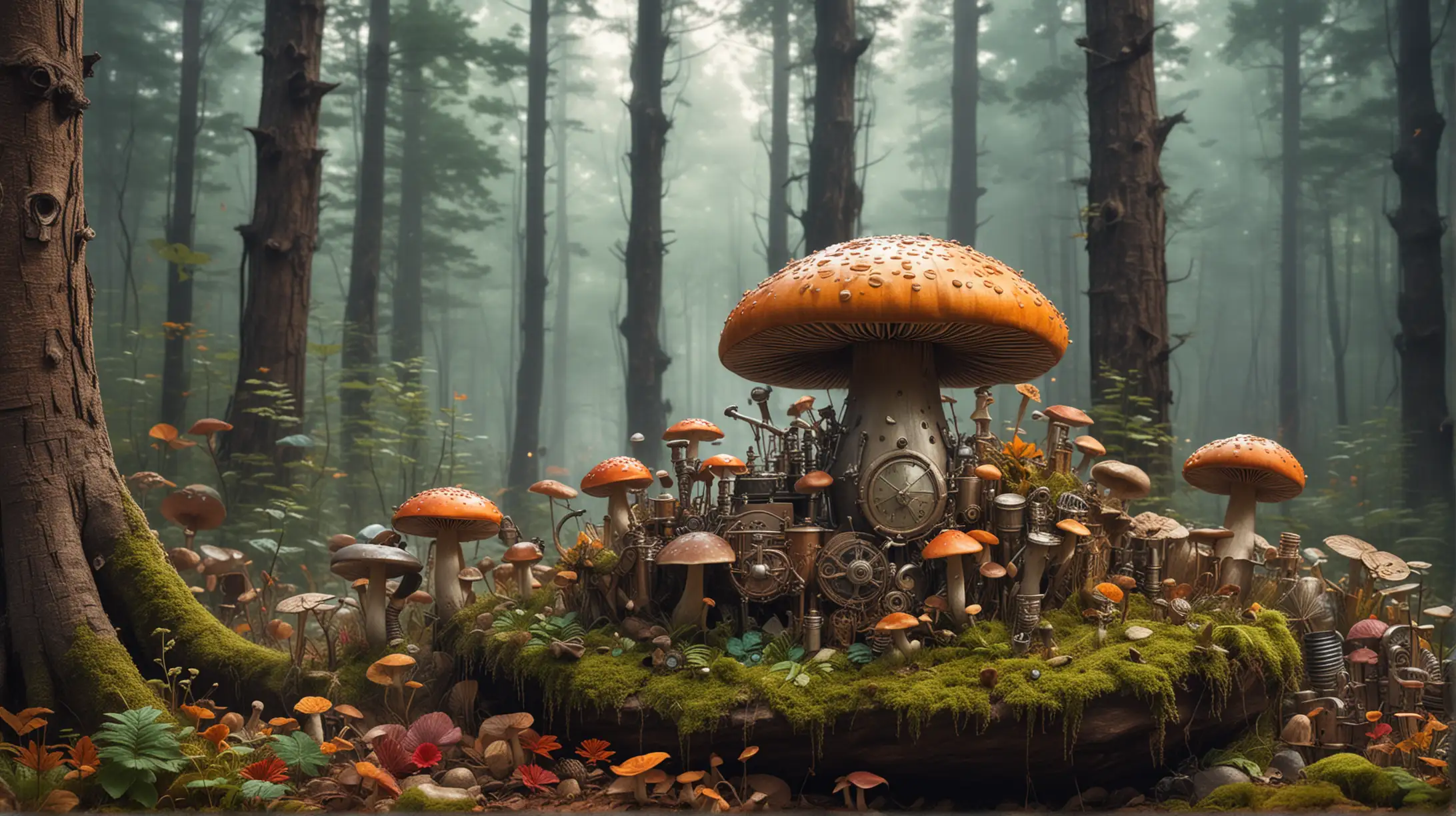 funky colorful steampunk rock concert in forest with mushrooms