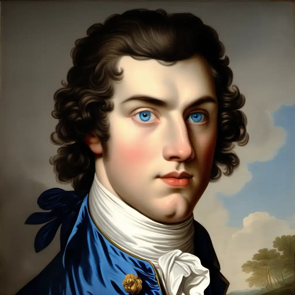18th century big young man straight dark brown hair deep blue eyes