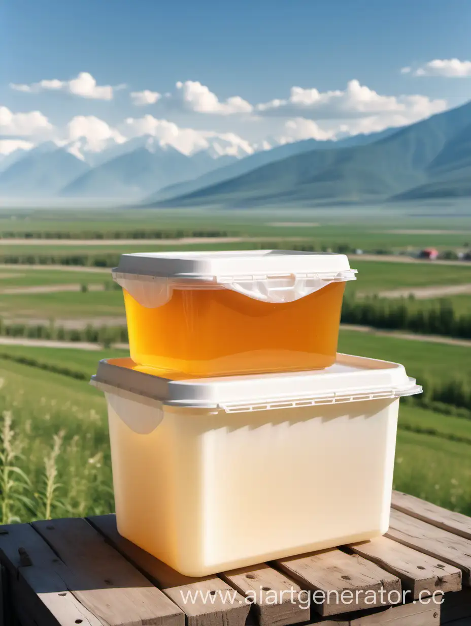 Мёд в пищевой таре пластиковый куботейнер объём 34 кг на фоне Алтайского края полей