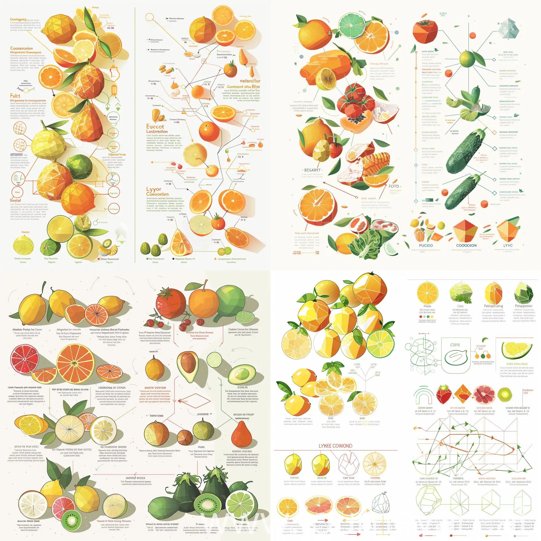 A clean and simple illustration of various citrus fruits on one side, and different carotenoid-rich vegetables and fruits on the other side, depicted in simplified geometric shapes with labels underneath. Use distinct colors like orange for beta-carotene, red for lycopene etc. Draw connecting lines or arrows between the foods and corresponding nutrients. Include a simple legend or text panel explaining the concept and relationships. The overall style should be flat, minimalist and unified.
