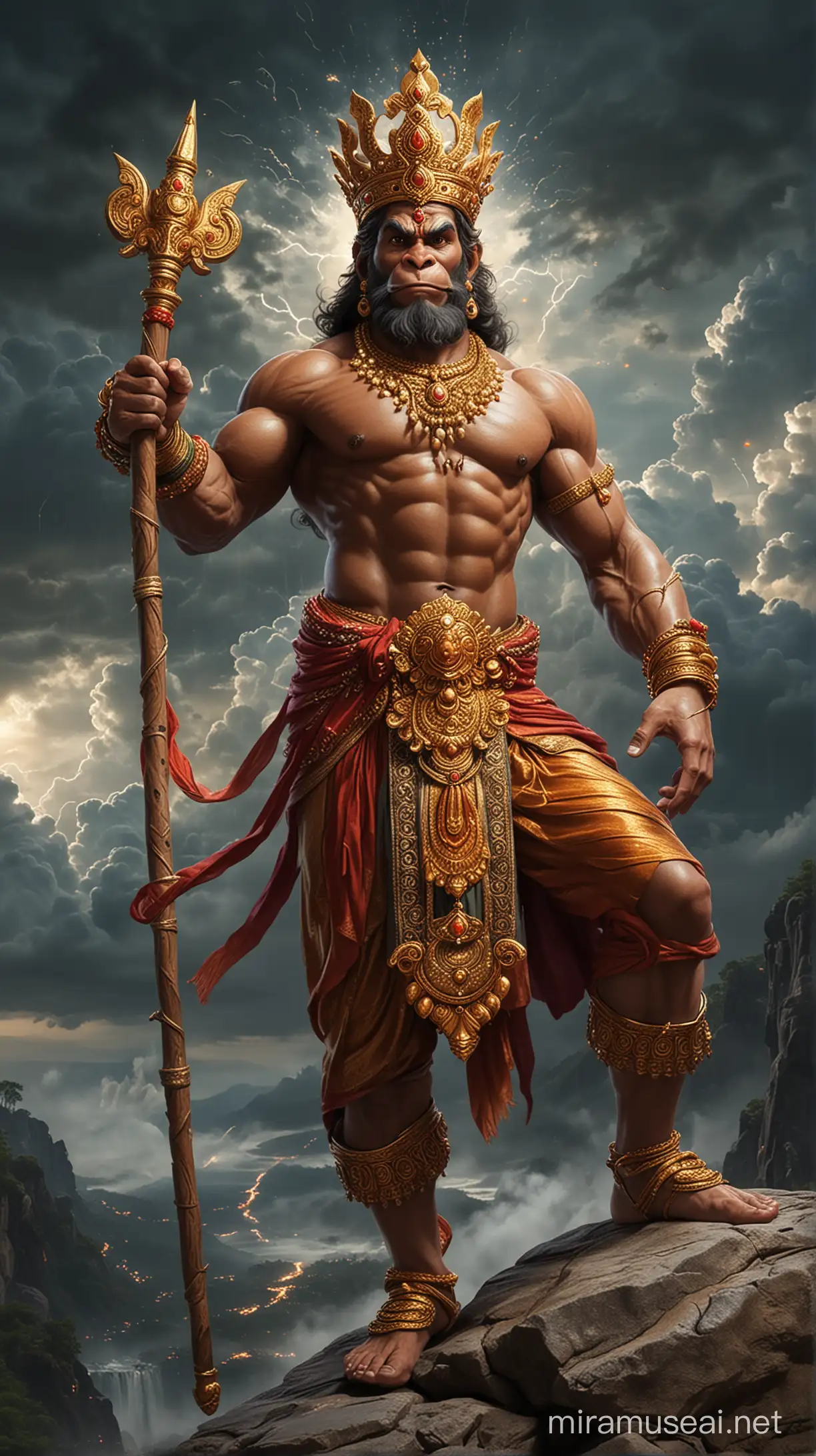 God Hanuman very muscular, tall, godly face, holding a huge Golden mace bomb in right hand pointing to the sky, wearing crown, standing on a hill top, one leg stepping on a big rock, battle field in the background, detailed and intricate environment, dynamic pose, muscles defined with chiseled aesthetics, traditional attire draped elegantly, vivid, ultra realistic.
Hanuman's face is depicted glowing with a divine radiance, symbolizing his divine nature and spiritual power. His aura signifies his purity, courage, and divine protection.
Hanuman is shown wearing a crown or headgear adorned with jewels, symbolizing his royal lineage and divine status as a deity.
Hanuman's face embodies a combination of strength, wisdom, devotion, and compassion.

Thunders roar and lightning dances in the sky, painting it with wild, vibrant colors. Each bolt of electricity illuminates the darkness, revealing the intricate patterns of clouds swirling like celestial brushstrokes. The rumble of thunder echoes through the air, shaking the earth beneath with its power. Nature's own fireworks display, a spectacle both awe-inspiring and humbling, as if the sky itself has come alive with energy and passion. 