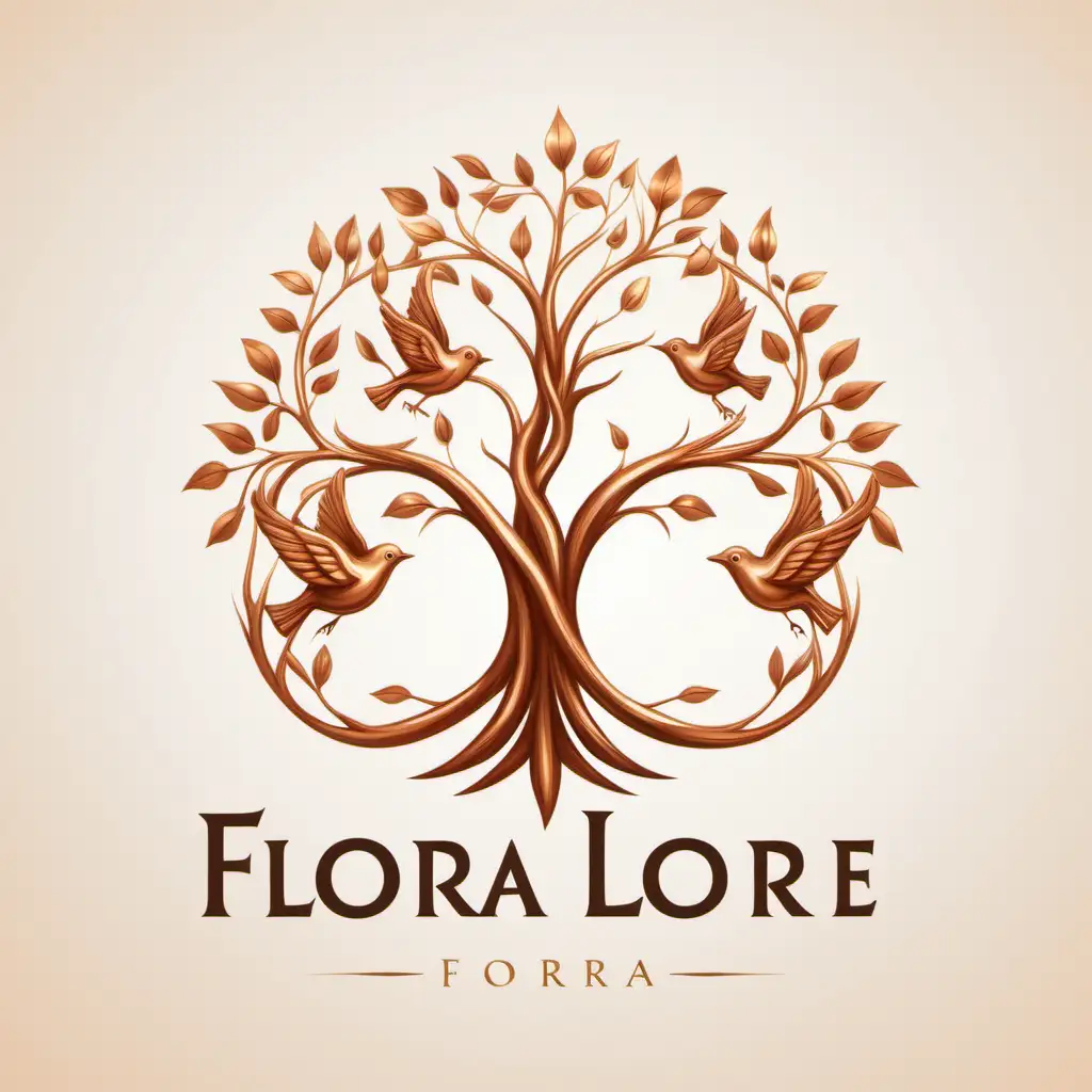 Create sophisticated logo design with the name "Flora Lore". "Flora Lore" all one word. Include a classy tree with 3 birds singing on top the branches.  Utilize the colors, copper, gold, and white. 