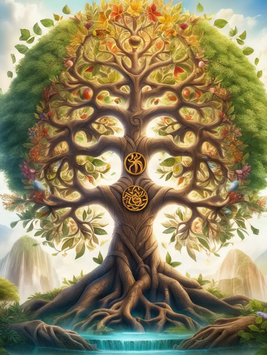  The symbol of Kara'rehe the Kingdom of Nature is a majestic and intertwined tree with expansive branches reaching towards the sky, The tree is adorned with vibrant leaves flowers and fruits representing the diversity and abundance of the natural world, The roots of the tree delve deep into the earth symbolizing the kingdom's strong connection to the land and its foundation in nature.