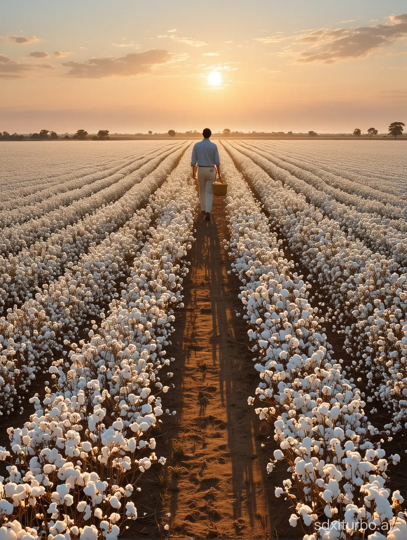 "Visualize a scene of cotton harvesting where a vast field stretches out, with endless rows of white plants disappearing into the horizon. The setting sun gently gilds the soft plumes, creating a visual spectacle of serene and tranquil beauty. Each cotton plant stands tall and proud, its fluffy white bolls swaying gently in the breeze. The distant horizon seems to beckon, inviting you to wander into the endless expanse of the field. As the golden light of sunset bathes the landscape, casting long shadows across the rows of cotton, a sense of peace washes over you, as if time itself has slowed down to savor the moment. It's a scene of simple yet profound beauty, reminiscent of the quiet majesty of rural landscapes captured by artists like Andrew Wyeth, who found inspiration in the simplicity of everyday life."