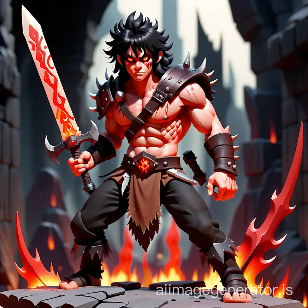 Slim humanoid barbarian with 1 greatsword and red flame eyes, short messy black hair, long trousers