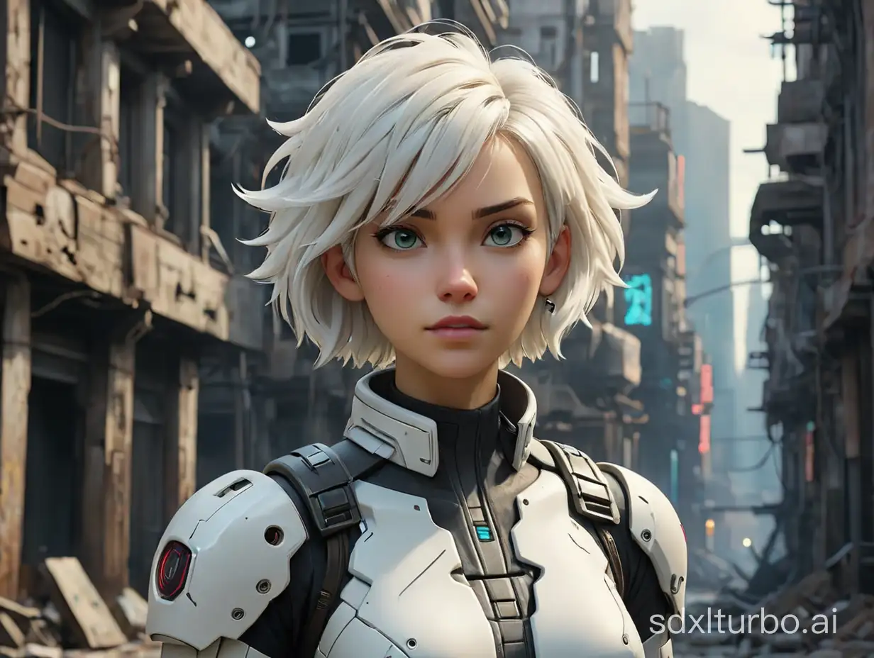 a white bob hair female android walks in cyberpunk city ruins