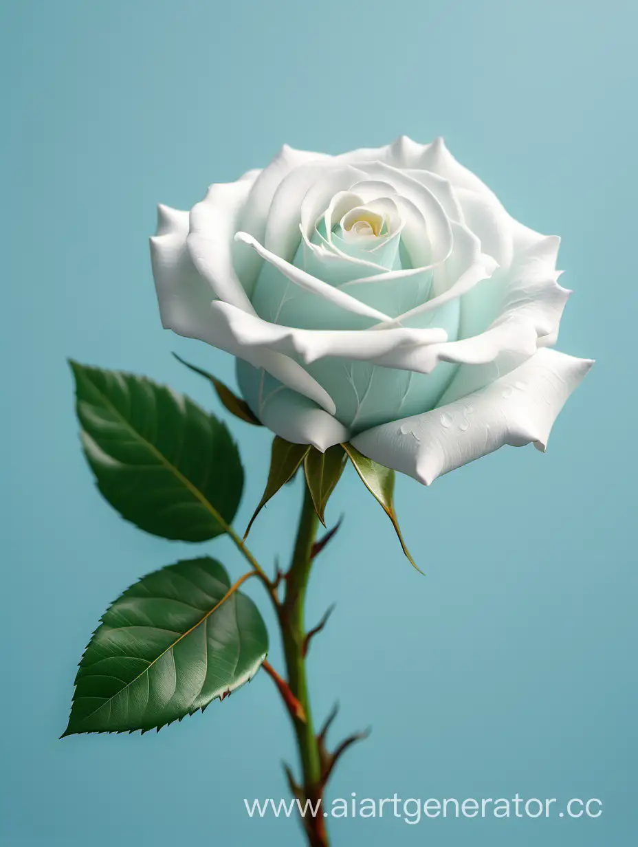 Vibrant-4K-HD-White-Rose-with-Lush-Green-Leaves-on-Light-Blue-Background