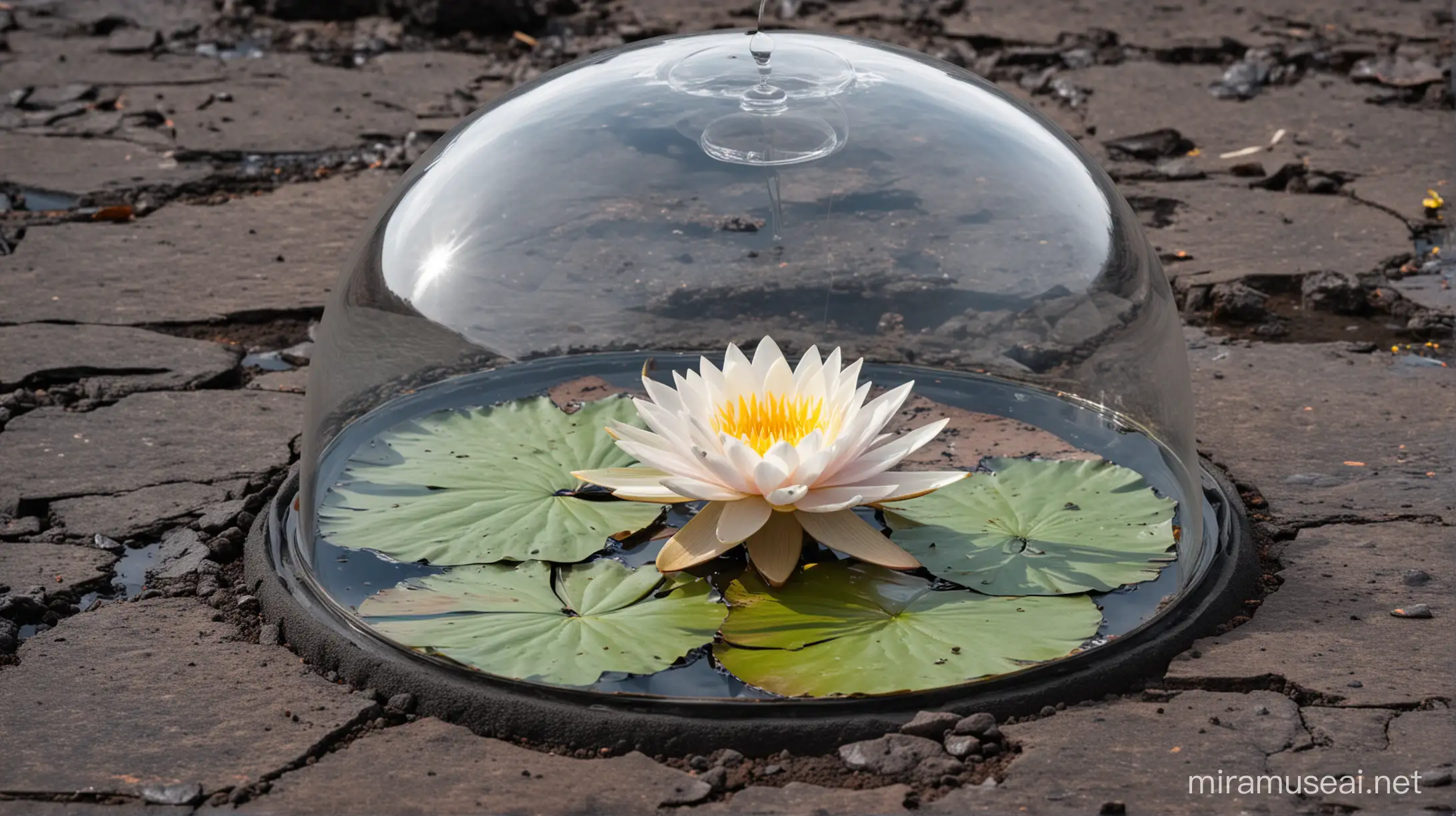 Volcanic Surface Water Lily Encased in Glass Dome