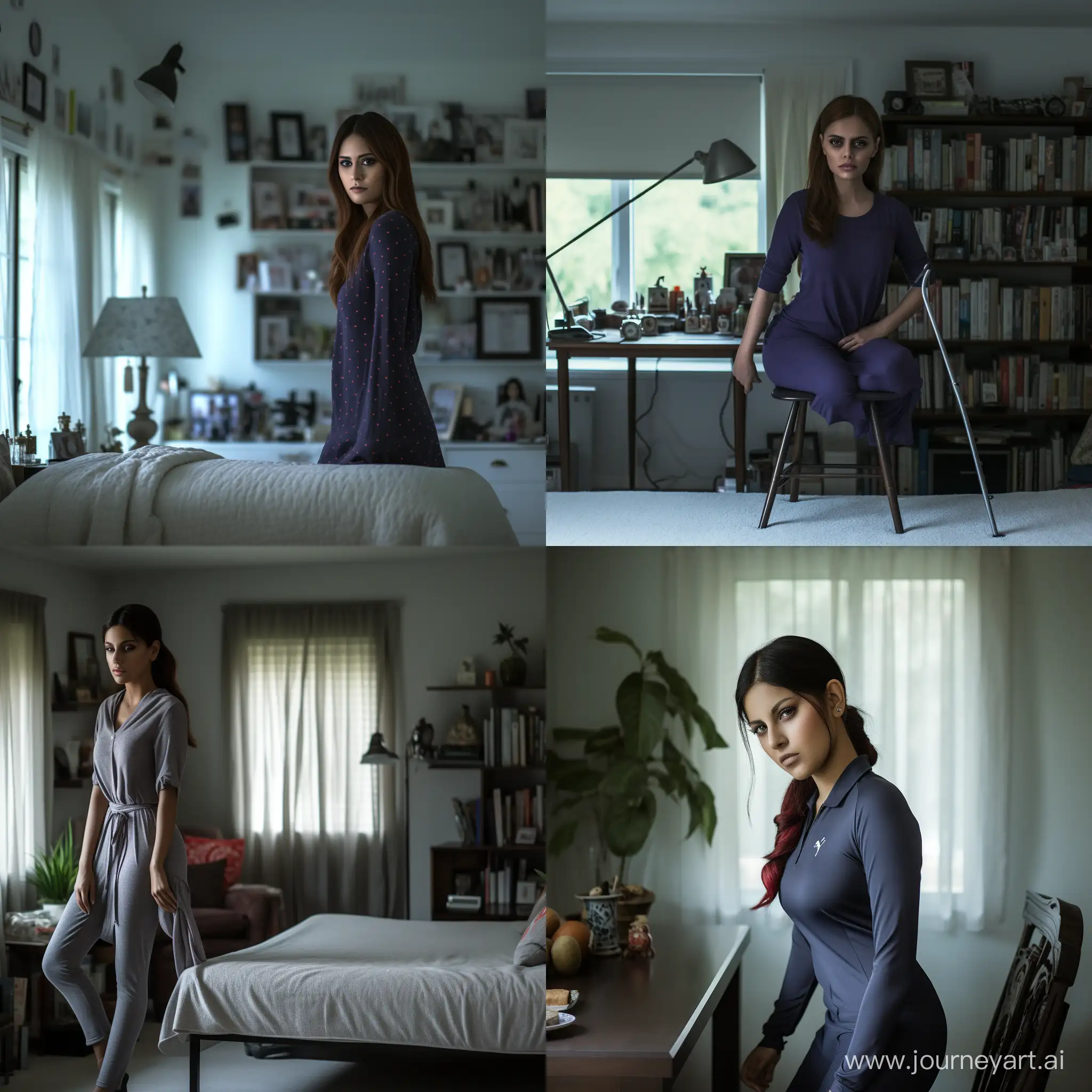 a full body woman at home preparing to go to sleep, shot with sony alpha a9 II and sony FE 200/600mm f/5.6-6.3 G OSS lens, natural light, hyper realistic, photograph