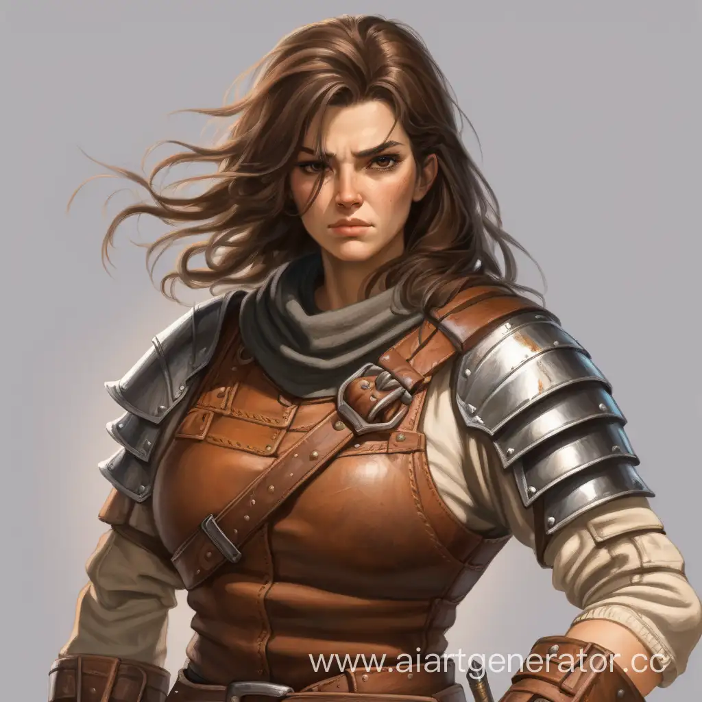 The bandit lady, hip-length unruly brownish hair, wears a simple leather armor, and a rusty iron sword, no visible muscles, biceps are 30 cm around, small pockets of fat