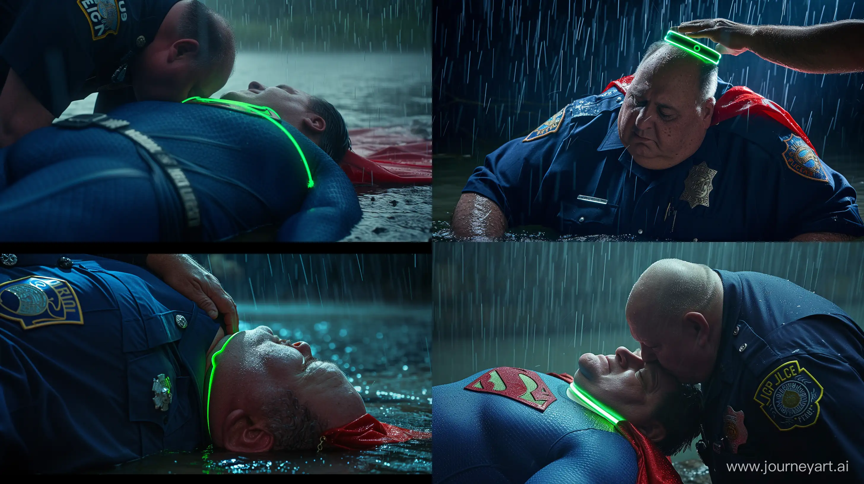 Close-up photo of a fat man aged 60 wearing a navy police uniform. Bending behind and tightening a tight green glowing neon dog collar on the nape of a fat man aged 60 wearing a tight blue 1978 smooth superman costume with a red cape lying in the rain. Natural Light. River. --style raw --ar 16:9