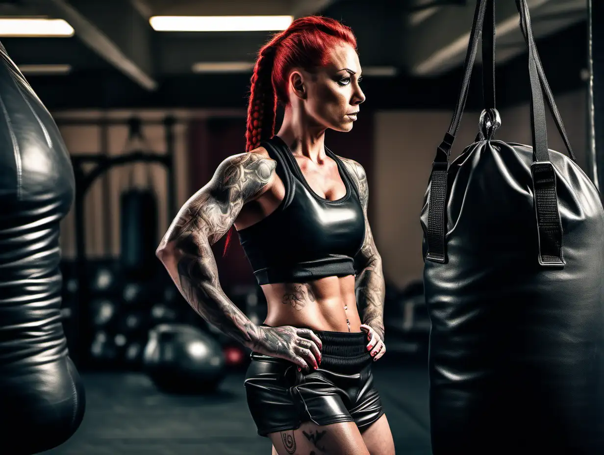 Powerful RedHaired Female Bodybuilder Training in SmokeFilled Gym