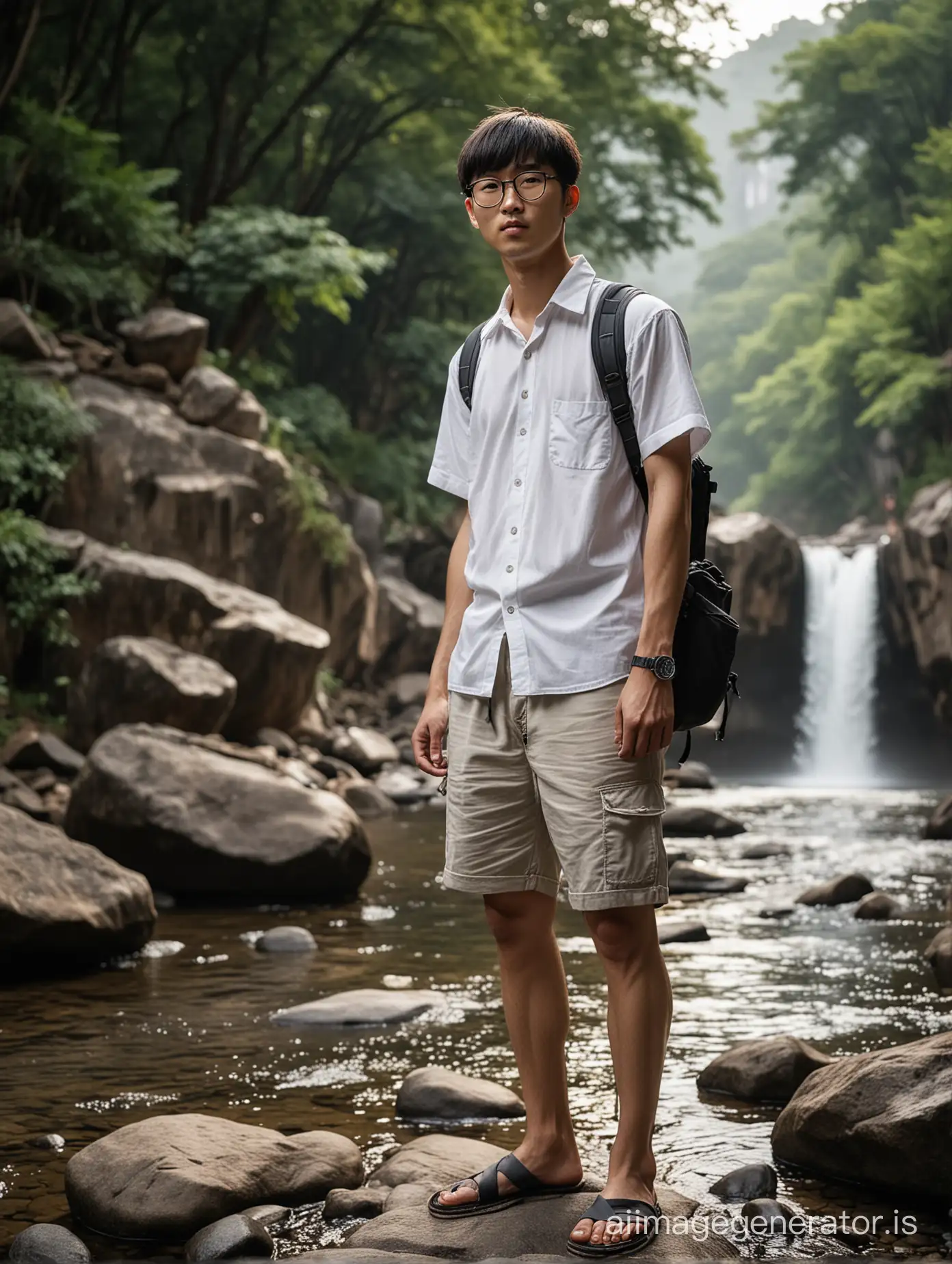 dynamic portrait, long shot, an Korean man with bowl cut hair wearing a plain White shirt and shorts, wearing black glasses, standing barefoot,carrying a Fuji XT30 camera and backpack, daydreaming on rocks with a small river flowing clear, bokeh background with a natural waterfall, refracted sunlight behind him at dusk, cinematic images, professional photography, dynamic lighting, faces looking at the camera