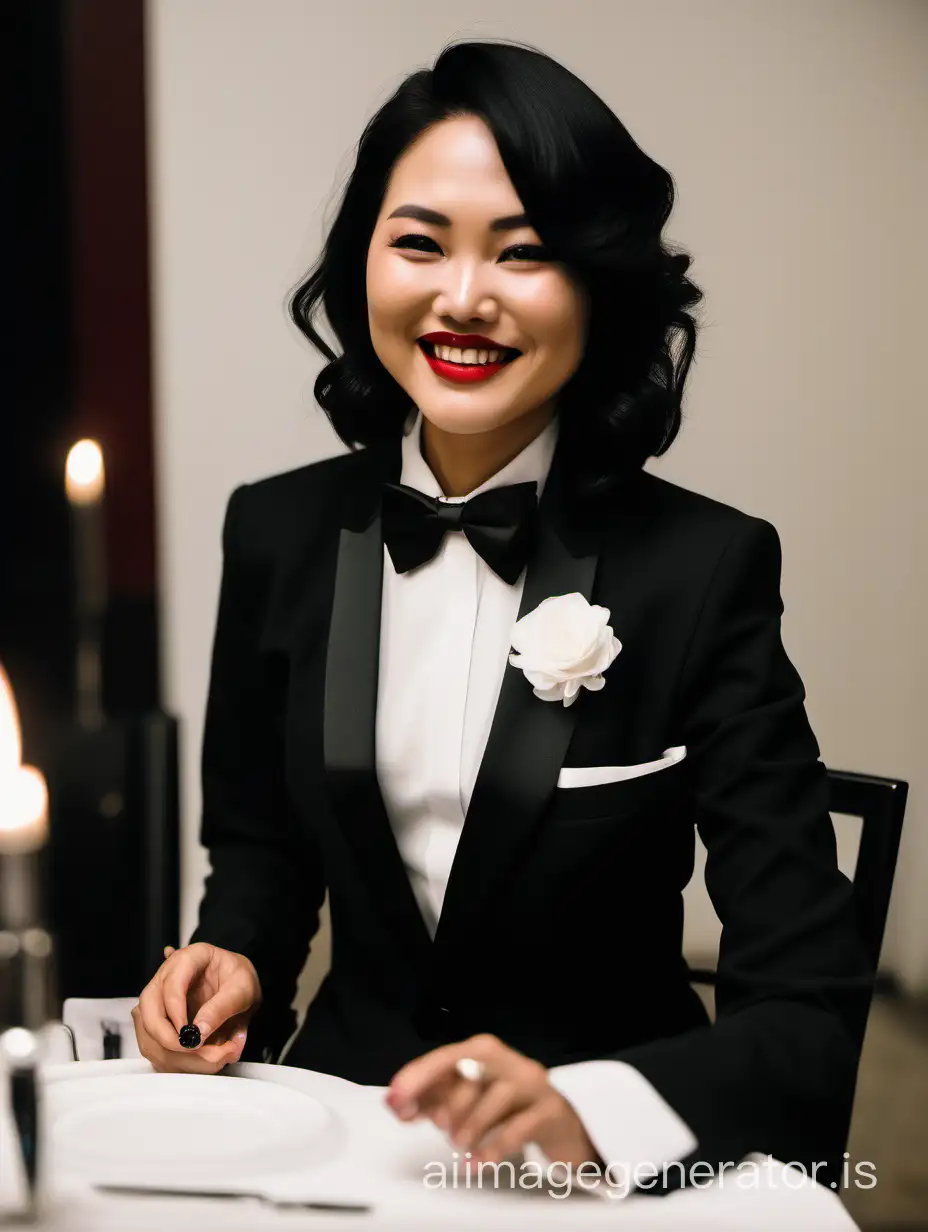 Elegant-Vietnamese-Woman-Smiling-at-Dinner-Table-in-Stylish-Tuxedo-Attire