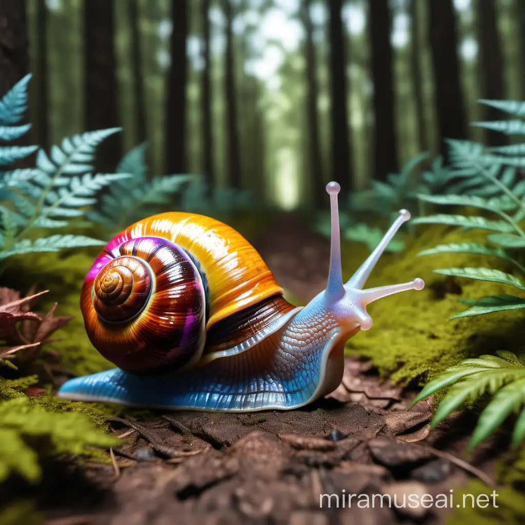 wimsical psychedelic snail, front view, close up realism, leaving a trail in forrest