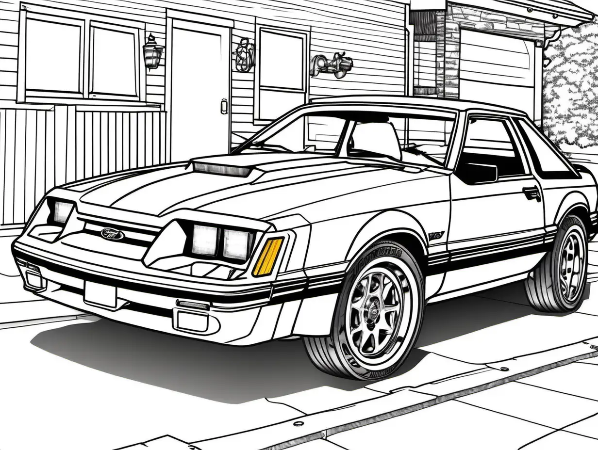coloring page, 1984 Ford Mustang SVO, high detail, no shade

